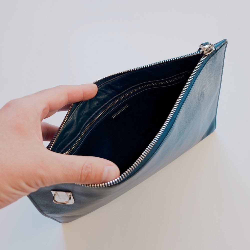 PRADA Saffiano Leather Blue Zipper Clutch Pouch Bag With Silver Hardware. - Picture 9 of 14